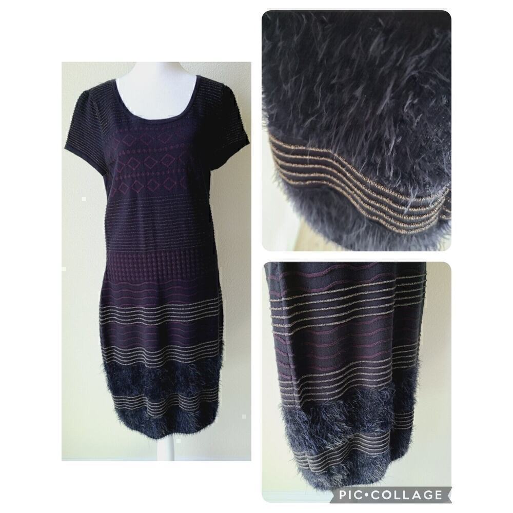 Just Taylor Black Knit‎ Sweater Dress Sz Large Fur Gold Striped Black Sheath